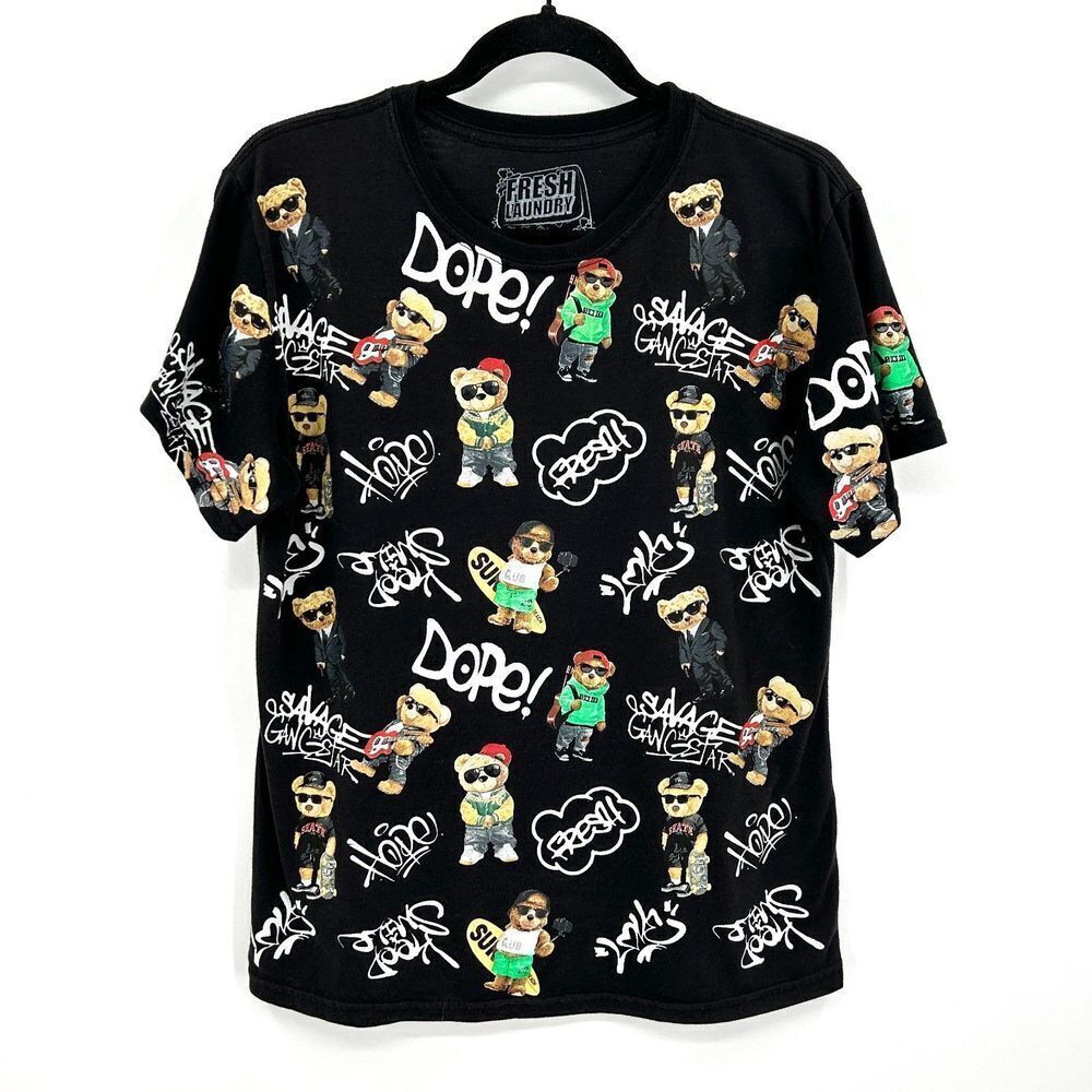 FRESH LAUNDRY Black White Dope Bear All Over Graphic Print T-Shirt Size Kids XL